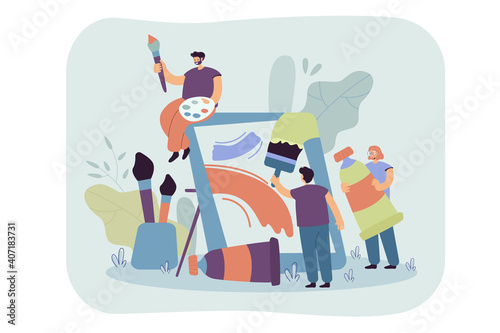 Tiny artists creating artwork together flat vector illustration. Positive cartoon characters painting or drawing on canvas with paintbrush. Art community and workshop concept