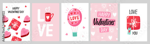 Valentine`s Day card set with hand draw lettering and cute elements. Cards, posters, brochures. Ideal for Valentine`s Day, wedding and birthday. Vector