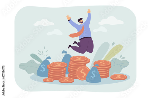 Happy millionaire jumping near pile of coins flat vector illustration. Cartoon businessman or banker celebrating income growth. Finance and stock market concept