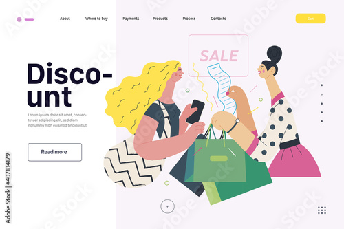 Discounts, sale, promotion - web template - cash desk - modern flat vector illustration concept of a customer and a shop assistant. Selling interaction and purchasing process. Discount