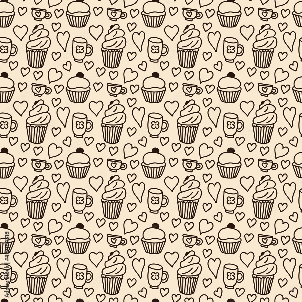 Seamless vector pattern with cakes cups and hearts. Food illustration in cute style for decor, textile, wrapping paper
