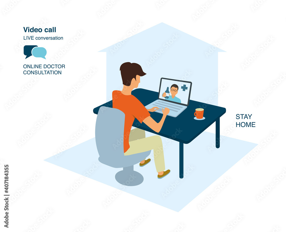 A man receives an online doctor's consultation at home. The doctor recommends medications via video link. Live chat A man receives an online doctor's consultation at home. The doctor recommends medications via video link. Live chat