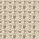 Seamless vector pattern with cakes cups and hearts. Food illustration in cute style for decor, textile, wrapping paper