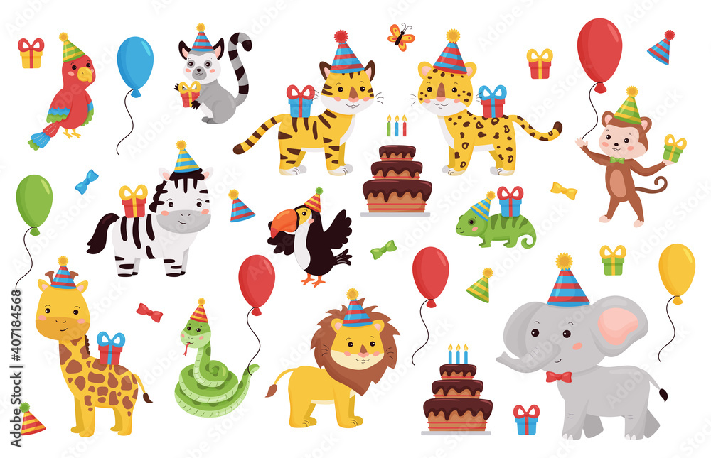 Fototapeta premium Birthday animals set. Cartoon characters collection with gifts, balloons and cake. Kids party design for greeting, invitation cards. African and jungle animals.