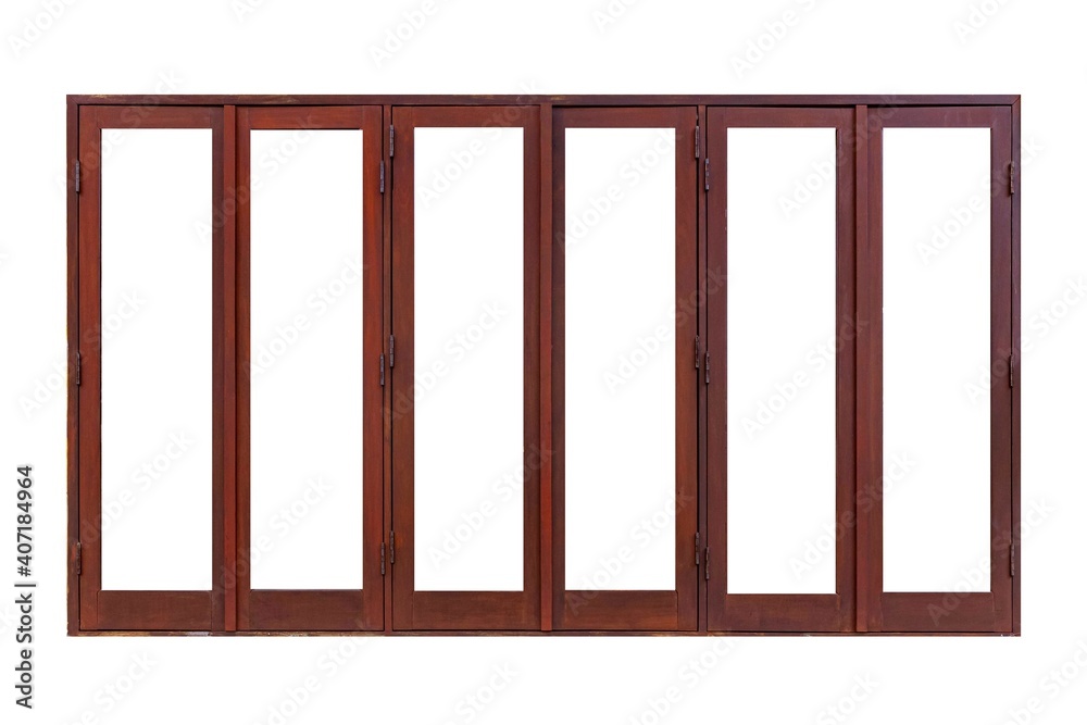 Dark brown hinged wooden door isolated on a white background Dark brown hinged wooden door isolated on a white background