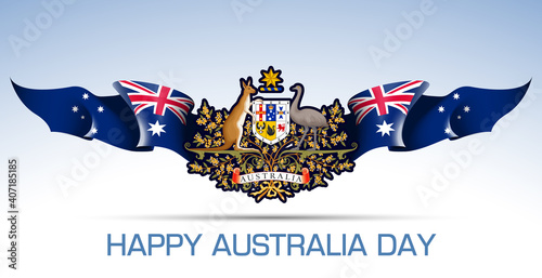 illustration festive banner with state flag of The Commonwealth of Australia. Card with flag and coat of arms Happy Commonwealth of Australia Day 2021. picture banner 26 January 1788 of foundation day