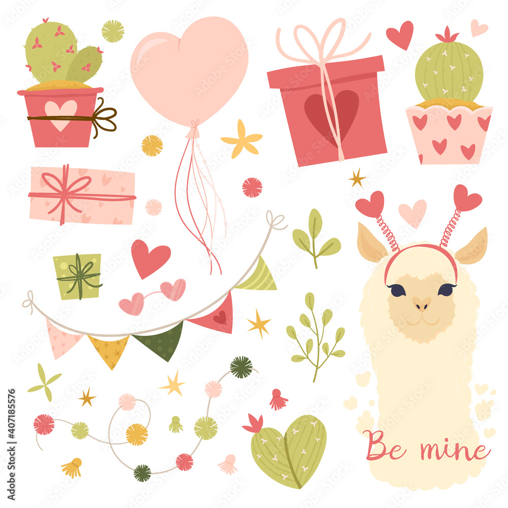 Valentine's day flat illustration. Collection design elements with llama, cactus, lovely flowers, hearts. gifts, balloon, ribbons. Greeting card or invitation in trendy style. Vector illustration