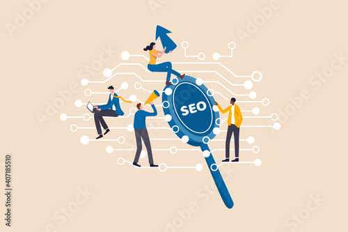 Digital marketing, SEO, Search Engine Optimization or Social media to engage online user concept, young people, advertising agency worker working on internet and digital line with SEO magnifying glass