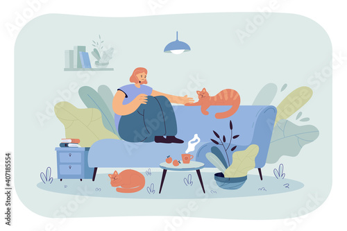 Positive lady sitting on cozy sofa with cats flat vector illustration. Cartoon woman relaxing at home and drinking evening tea. Comfort and comfortable rest interior concept