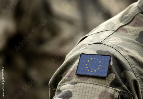 The Flag of Europe on military uniform. Collage. photo