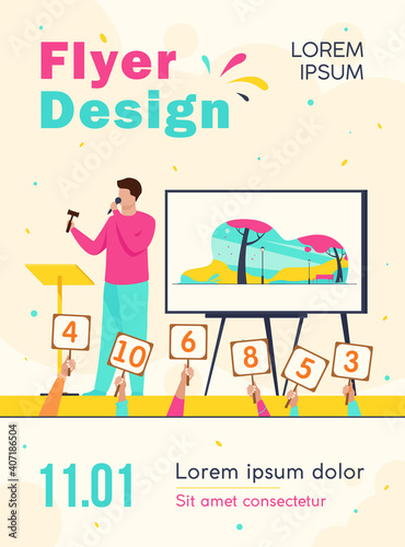 Auctioneer with hammer selling artwork on stage. Buyers holding signs with offers flat vector illustration. Auction, trade, bidding concept for banner, website design or landing web page