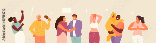 People stress prevention and control of mood. Enjoyable hobbies and activities. Recreation and sports, communication, music. Vector illustration