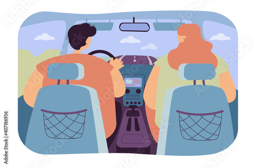 Back view of couple inside car isolated flat vector illustration. View from backseat. Cartoon driver driving and passenger sitting near him. Automobile interior and navigation concept