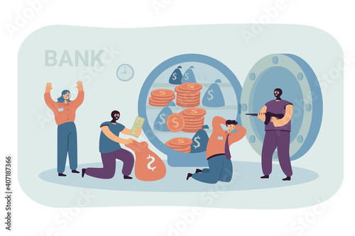 Banking thieves in masks threatening bank workers flat vector illustration. Cartoon robbers taking money from safe. Bank robbery and finance crime concept