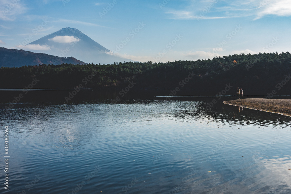 晴れた日の湖と富士山