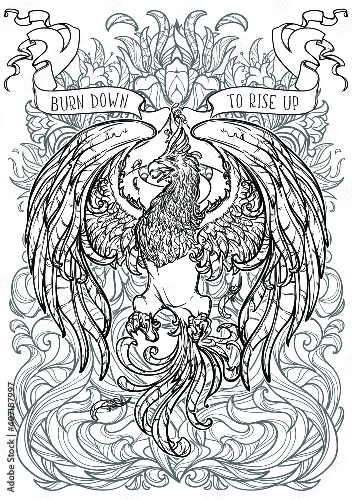Fototapeta premium Phoenix or Phenix magic creature from ancient greek myths. Decorative background with fire flares. Black and white intricate drawing for colouring book. EPS10 vector illustration.