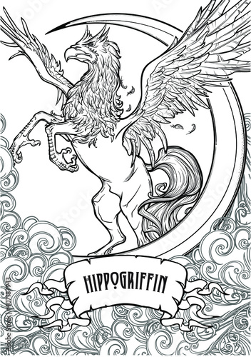 Hippogriff greek mythological creature. Legendary beast concept drawing. Heraldry figure. Vintage tattoo design. Sketch isolated on white background. EPS10 vector illustration.