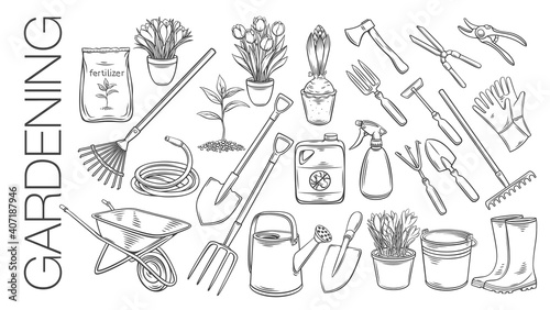 Fotografia Gardening tools and plants