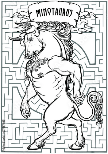 Minotaur ancient Greek mythical creature. Heraldic supporter. Sketch isolated on white background. EPS10 vector illustration.