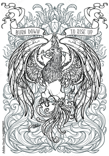 Phoenix or Phenix magic creature from ancient greek myths. Decorative background with fire flares. Black and white intricate drawing for colouring book. EPS10 vector illustration.