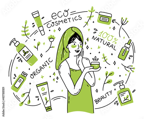 Eco-friendly natural organic cosmetics in Doodle style. A woman after taking a bath is smeared with cream.