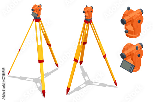 Isometric surveying measuring equipment level theodolite on tripod isolated on white background. Geodetic measuring equipment icon set. Construction measuring tool