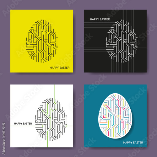 Vector happy easter cards modern circuit board pattern