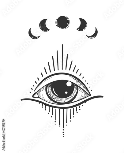 Vintage tattoo with luminous all-seeing eye, mystical symbol, boho design. Hand drawing isolated on white background, sacred geometry, foresight and magic. Vector illustration.
