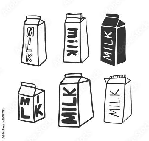 Milk package with letters. Set of vector graphics, a black linear illustration on a white background. Carton packaging