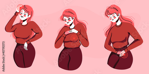 Unwell Woman suffering from stomachache, headache, chest pain. Girl having period, premenstrual syndrome, PMS. Painful face expression. Set of ill people. Flat vector illustration.