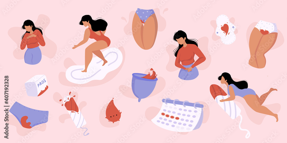 Menstruation hygiene tools, cup, pads, tampon, calendar, panty. Womens thighs with blood. Female period protection. Girl in underwear bleeding. Period problems. Website and article design, print, - obrazy, fototapety, plakaty 
