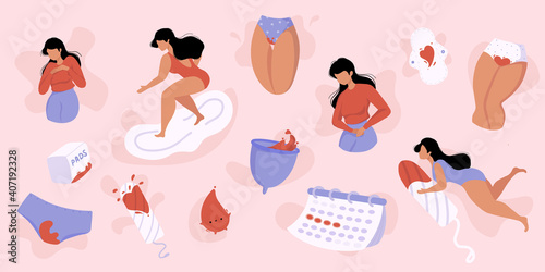 Menstruation hygiene tools, cup, pads, tampon, calendar, panty. Womens thighs with blood. Female period protection. Girl in underwear bleeding. Period problems. Website and article design, print,