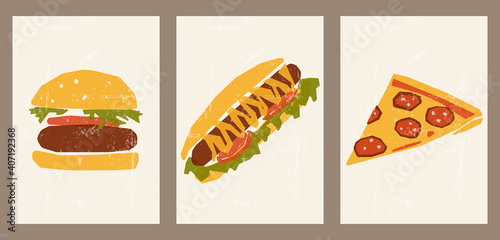 Vibrant vintage posters with delicious food. Fast food illustrations for interior design, cafes, menus, social networks, advertising. Minimalistic backgrounds with burger, hot dog, pizza.