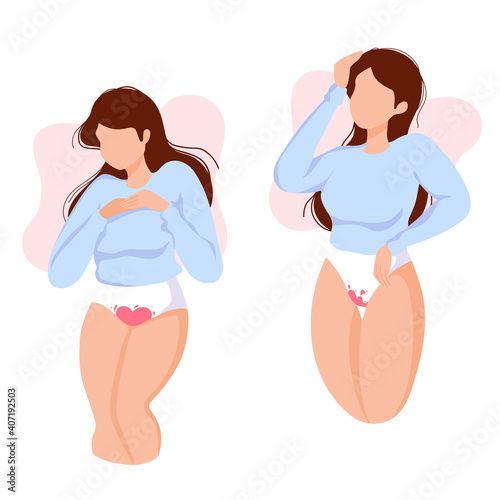 Girl in underwear bleeding. Period problems. Womens thighs with blood. Female period protection. Menstrual period concept. Website, article design, print.