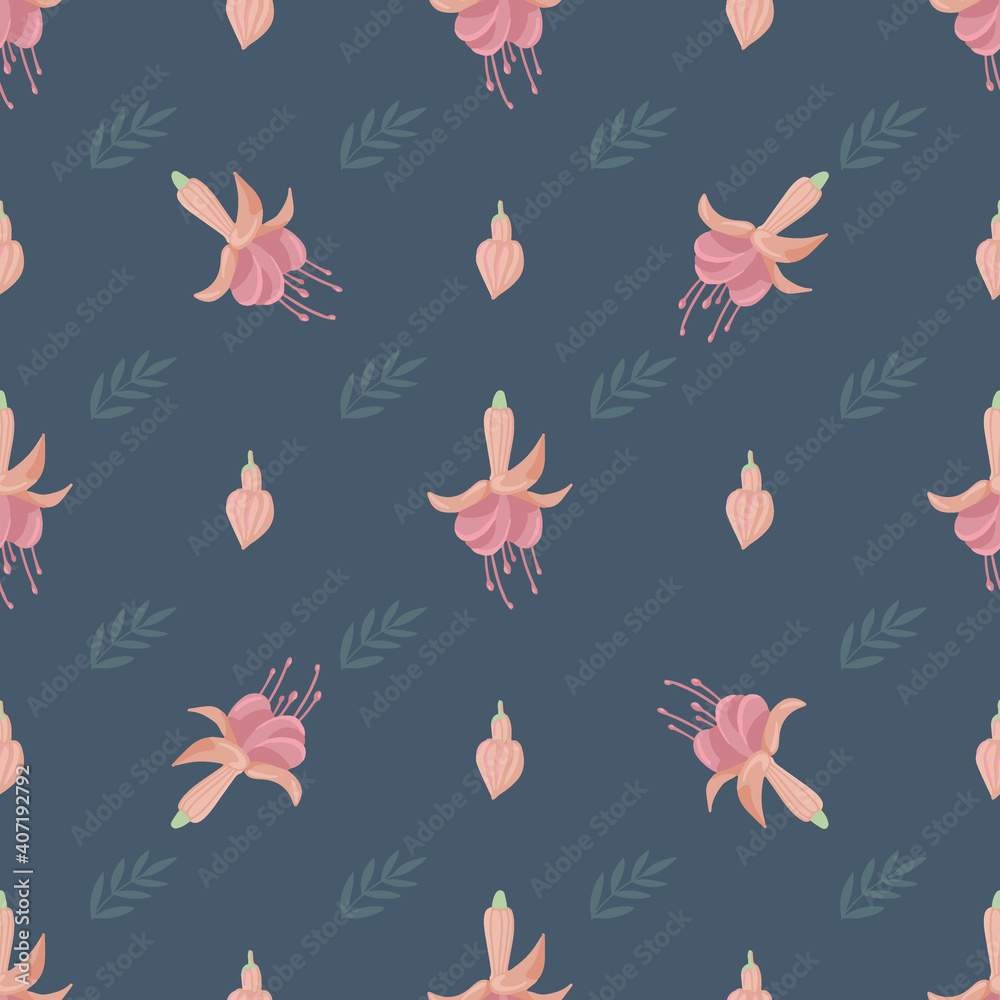 Seamless vector pattern with leaves and pink flowers on a blue background for printing on children's clothes, toys, decor Seamless vector pattern with leaves and pink flowers on a blue background for printing on children's clothes, toys, decor