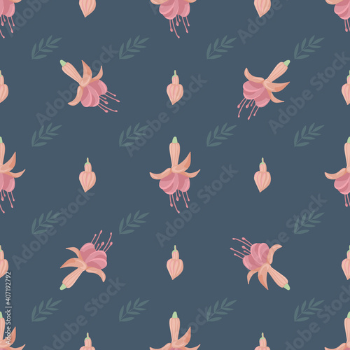 Seamless vector pattern with leaves and pink flowers on a blue background for printing on children's clothes, toys, decor