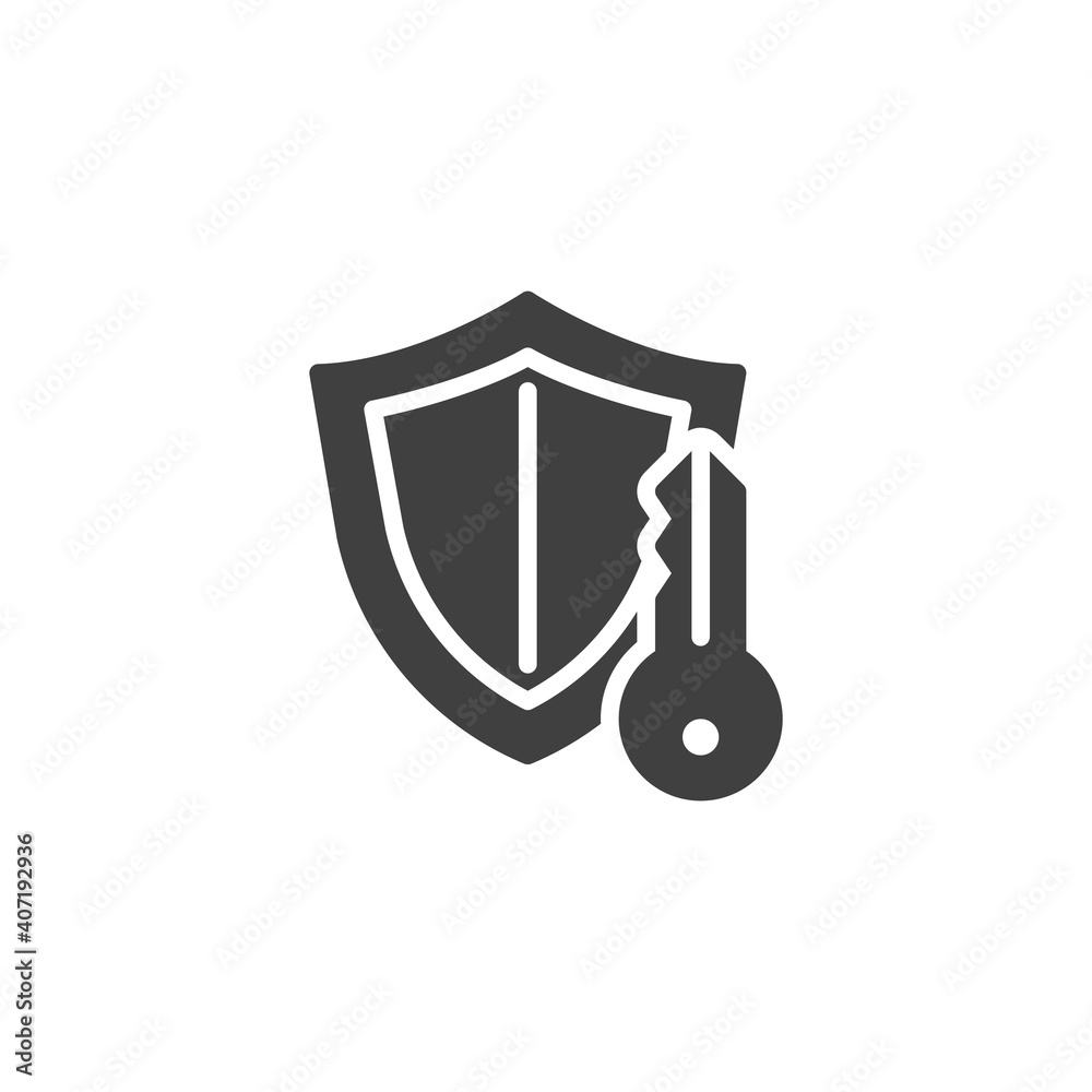 Security key protection vector icon. filled flat sign for mobile concept and web design. Shield and key glyph icon. Symbol, logo illustration. Vector graphics Security key protection vector icon. filled flat sign for mobile concept and web design. Shield and key glyph icon. Symbol, logo illustration. Vector graphics