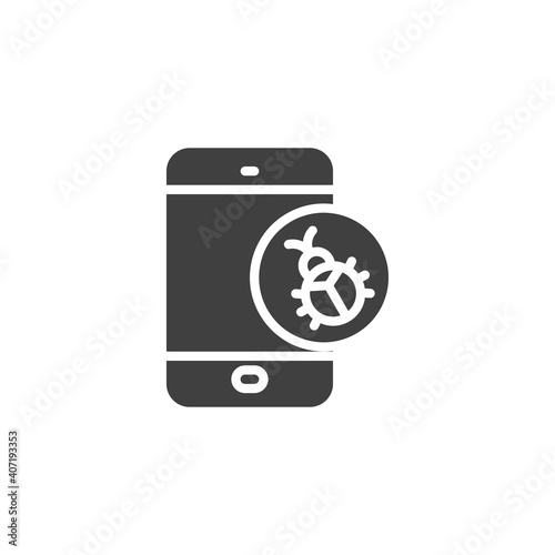 Mobile phone bug vector icon. filled flat sign for mobile concept and web design. Smartphone virus bug glyph icon. Symbol, logo illustration. Vector graphics