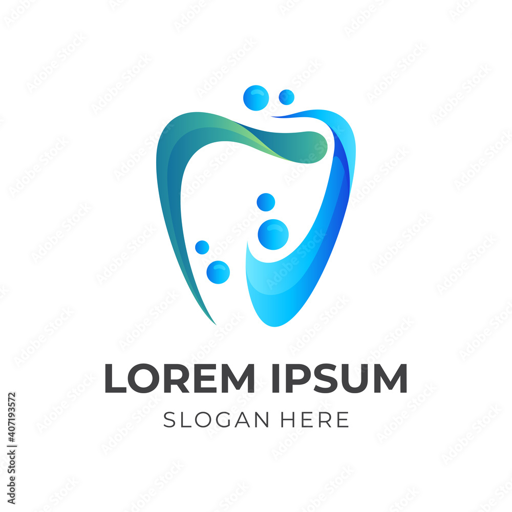 dental fresh logo, dental and water, combination logo with 3d blue and green color style dental fresh logo, dental and water, combination logo with 3d blue and green color style
