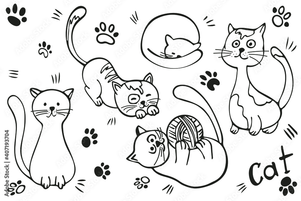 Hand-drawn set of cute cats. Vector illustration isolated on white background.