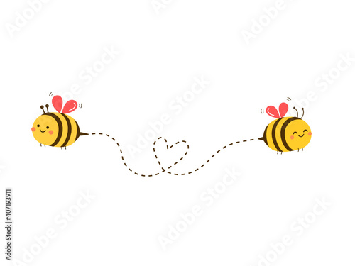Bee cartoons and dots line on white background vector illustration. Valentine's day.