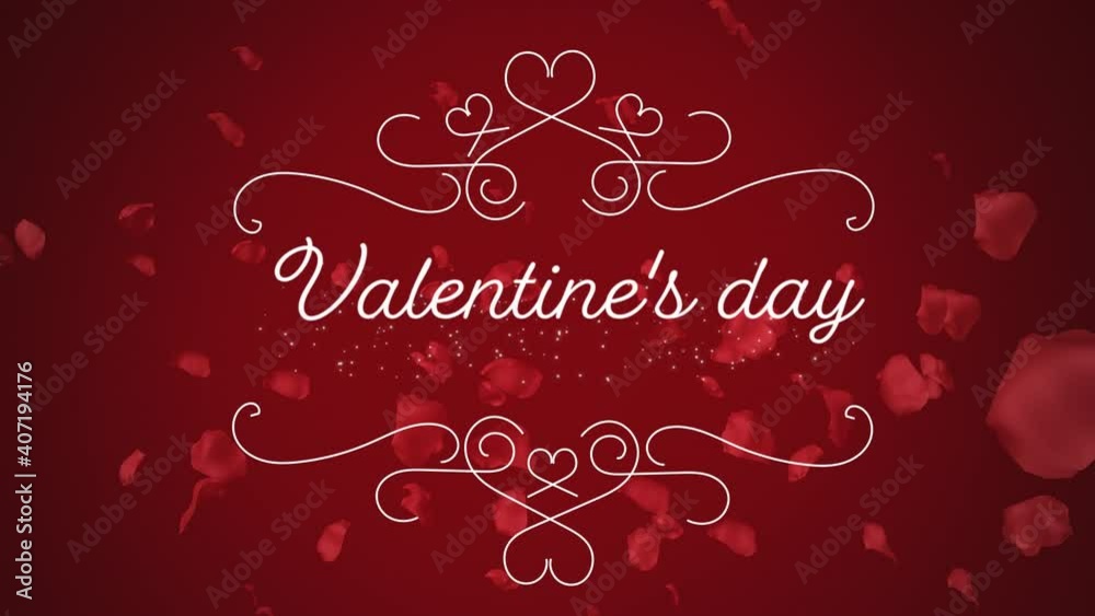 Animation of Valentines Day written in white letters on red background with rose petals Animation of Valentines Day written in white letters on red background with rose petals