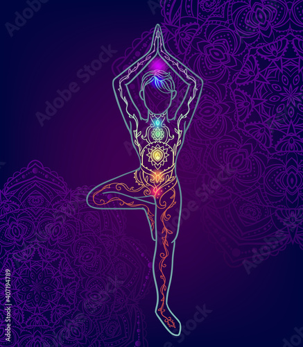 Yoga man. Ornament beautiful esoteric Concept of meditation.