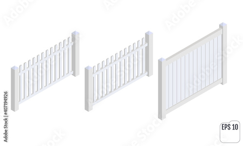 Isometric white fence sections. Fencing constructor.