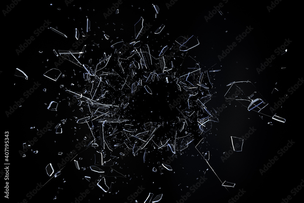 Broken glass. Exploding glass with sharp pieces Broken glass. Exploding glass with sharp pieces