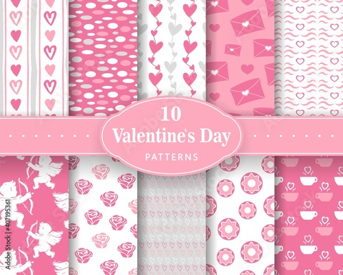 Ten seamless love patterns. Romantic backgrounds for Valentines or wedding day. Endless texture for wallpaper, web page, wrapping paper. Scrapbooking, print, gift wrap