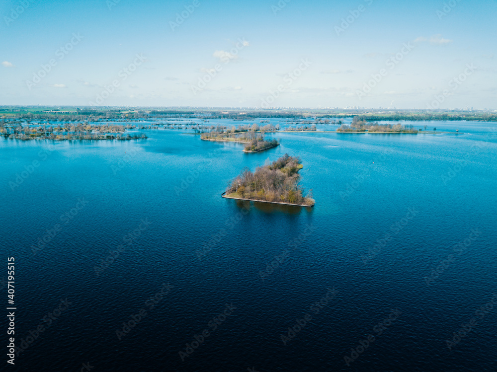 Aerial drone shot of the lake vinkeveense plassen in the Netherlands