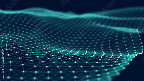 Wave with connecting points and lines. Abstract network connection. Futuristic point wave. Connection structure. 3d rendering. © Mykhailo