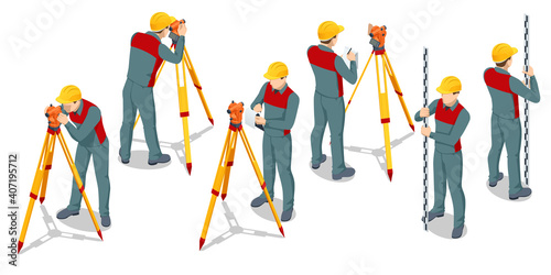 Isometric surveying measuring equipment level theodolite on tripod isolated on white background. Professional engineer surveyor takes measures with theodolite. Construction measuring tool