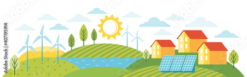 Green energy an eco friendly modern house. Eco city using alternative energy. Modern environmentally friendly town landscape with ecological infrastructure, solar panels, windmills, wind turbines